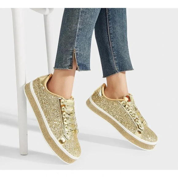 Women's Gold Platform Glitter  Sneakers | Sparkly Bling Shiny Dressy - Picture 5 of 9